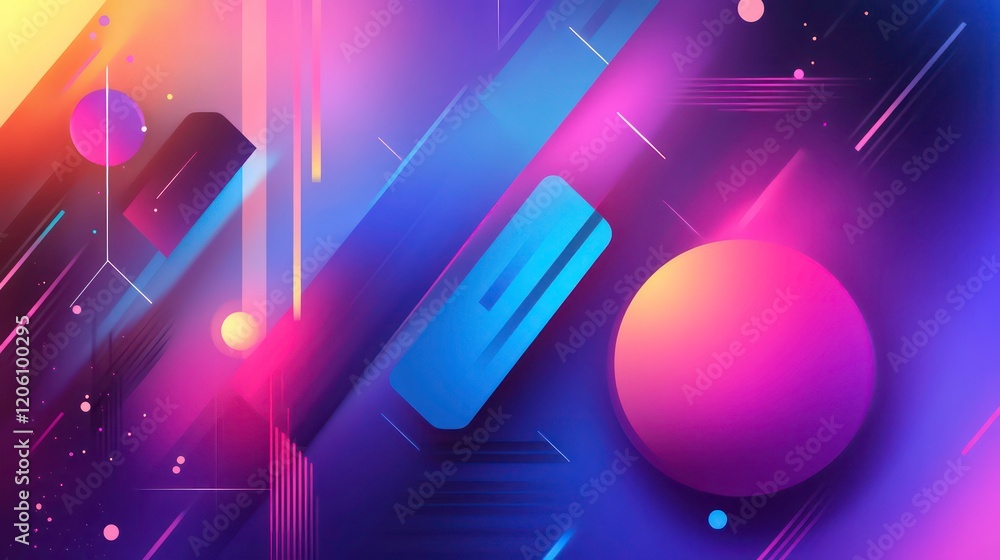 Aufkleber abstract vibrant neon geometric shapes background with glowing lines and spheres.