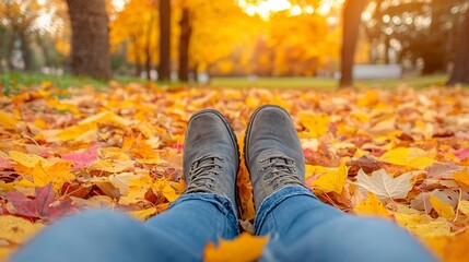 Feet in boots resting on autumn leaves.