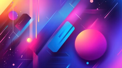Abstract vibrant neon geometric shapes background with glowing lines and spheres.