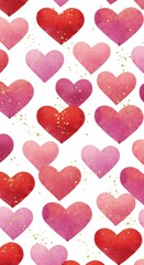 Seamless Pattern of Watercolor Hearts in Pink and Red with Golden Sparkles