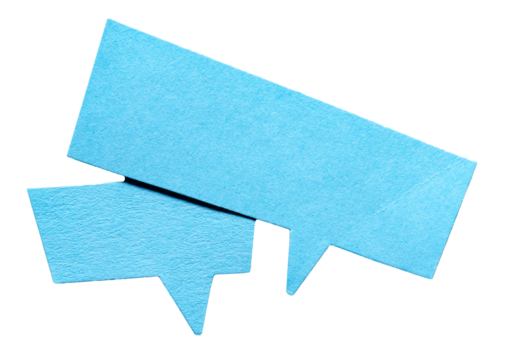 Blue blank cut out cardboard paper speech bubbles with rough edges and copy space for text on transparent png background design element