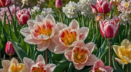 Fototapeta premium Pattern of hand drawn spring flowers, flowers, tulip, crocus