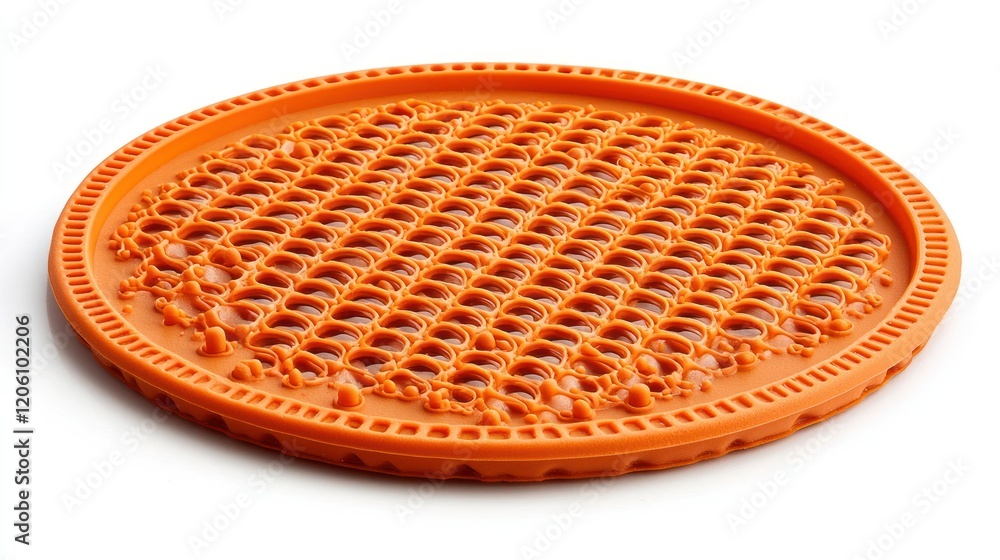 Poster detailed close-up of an orange textured circular object with honeycomb pattern and translucent amber