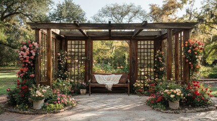 Beautiful garden pergola with wooden bench and vibrant roses in bloom