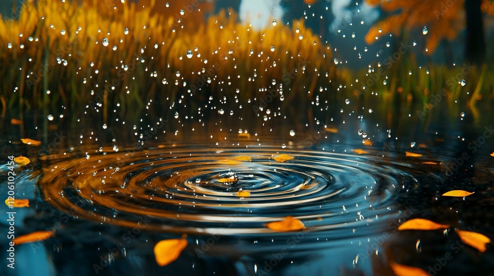 Poster raindrop symphony, a vivid close-up showcasing dynamic water splashes as raindrops collide with surf