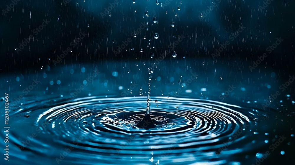 Poster raindrop impact, a vibrant close-up capturing the dynamic splashes of water as raindrops collide wit
