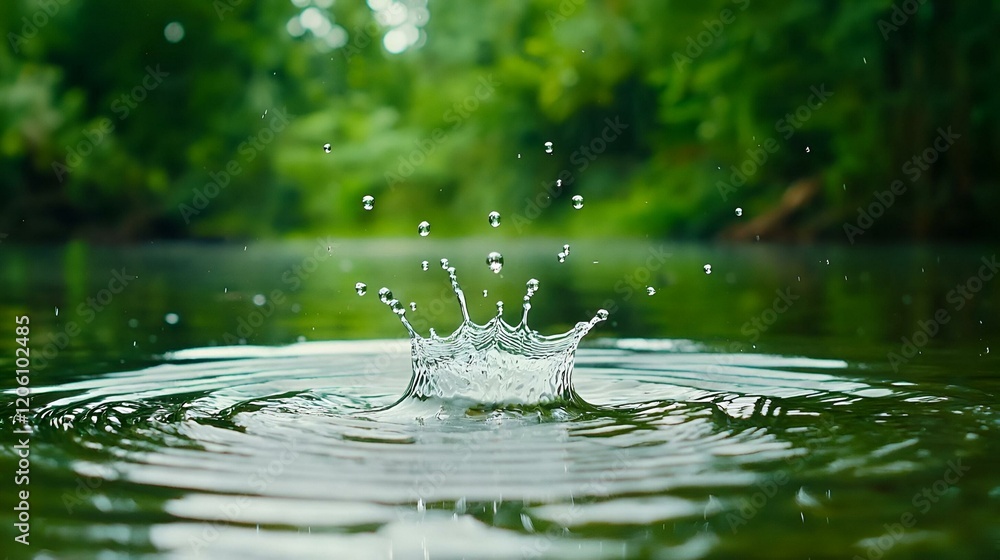 Poster raindrop impact, close-up view of water splashes created by falling raindrops, showcasing dynamic mo