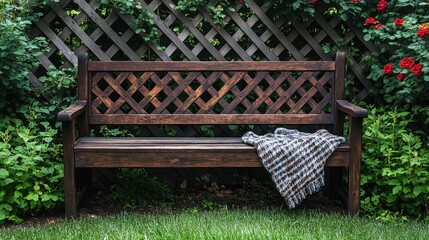 Obraz premium Wooden garden bench with blanket and red roses in lush greenery