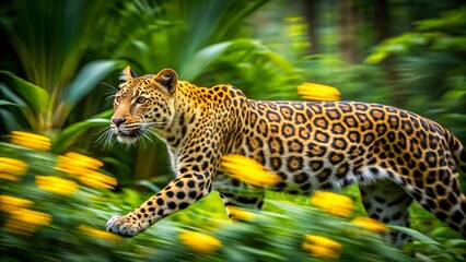 Naklejka premium Long Exposure Leopard in Tropical Jungle with Yellow Flowers Wallpaper