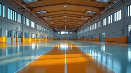 Fototapeta premium A spacious indoor sports hall with polished floors and natural light, designed for athletic activities.