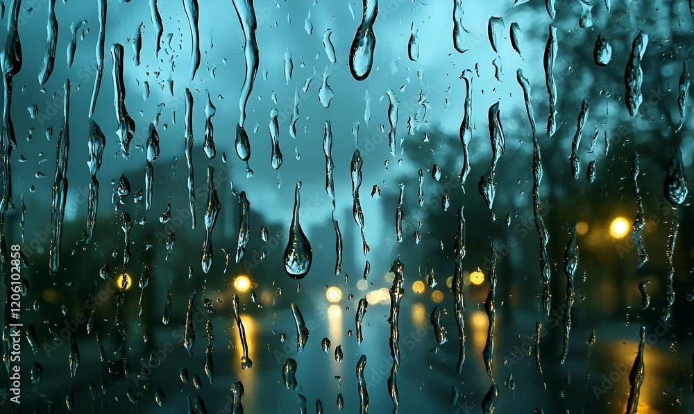 Poster raindrops on glass, a close-up view capturing the intricate patterns and blurred reflections created