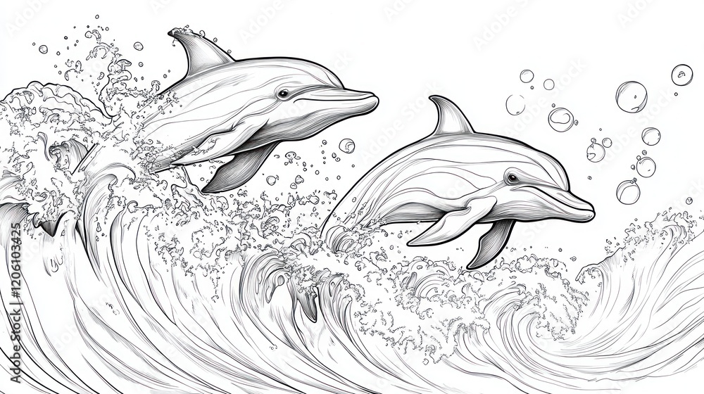 Poster two dolphins leap playfully through the waves, creating splashes and bubbles in a line art style
