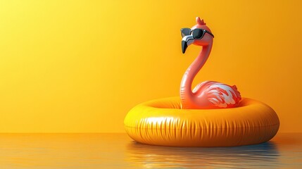 Fototapeta premium Inflatable flamingo with sunglasses on yellow background