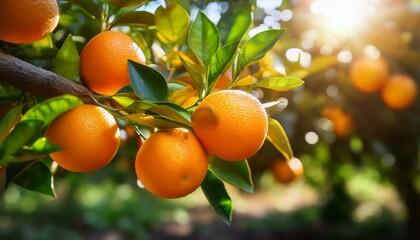 Bright oranges growing on a tree branch in the sunlight. Fresh citrus fruits with green leaves, illuminated by warm natural light. A vibrant and juicy harvest in a lush orchard.
