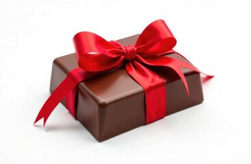 Obraz premium Chocolate wrapped in a red ribbon in a bow. White background. Minimal composition