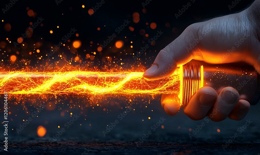 Poster glowing data connection, a close-up view of a hand inserting a luminous data plug into a device, sym