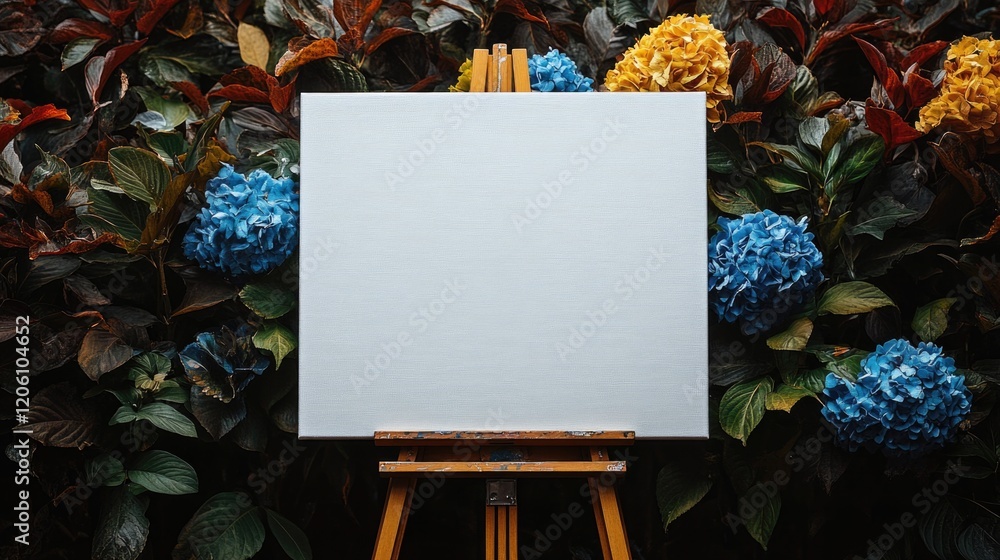 Poster Blank canvas on easel surrounded by colorful hydrangeas in lush garden setting