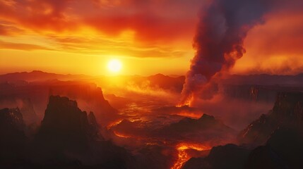 Obraz premium Sunset Over Volcanic Landscape with Smoke Plumes – Generative AI