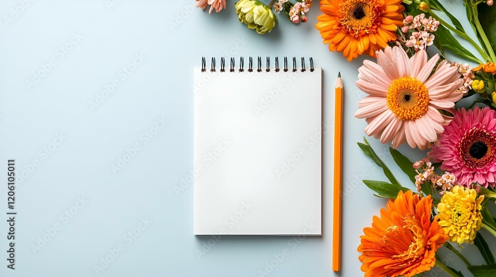Poster minimalist notepad layout featuring a pristine white surface, a sharpened pencil, inviting creativit