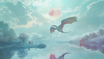 Fototapeta premium ]Surreal, epic dragon soaring through a mystical fantasy landscape AI Generated