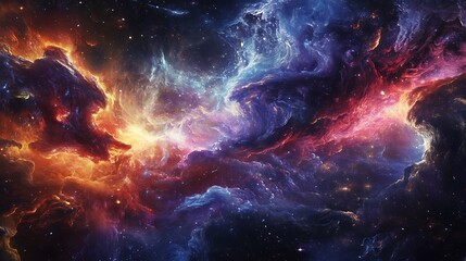 A vibrant cosmic scene depicting swirling nebulae and stars.