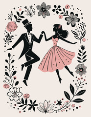 Vintage Wedding invitation card with bride and groom. Romantic Timeless vintage frame, couple dancing, fantasy ballroom dance, wreath of flowers and leaves ornament, funny valentines day flyer	
