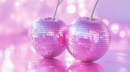 Pink disco ball cherries on reflective surface with soft lighting
