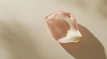 Delicate flower petal on a beige background, bathed in soft sunlight, casting a gentle shadow.