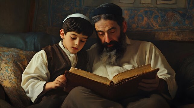 A Man and Boy Sharing a Book Together