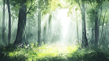 Magical forest with soft light streaming through the trees.