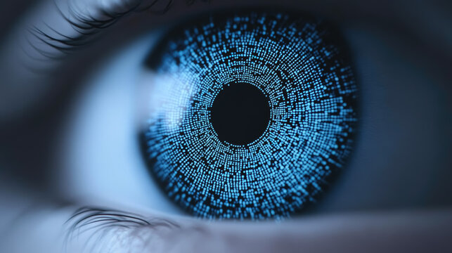 Digital eye scan, data network and cyber security technology. Futuristic tech of virtual cyberspace and internet secure surveillance