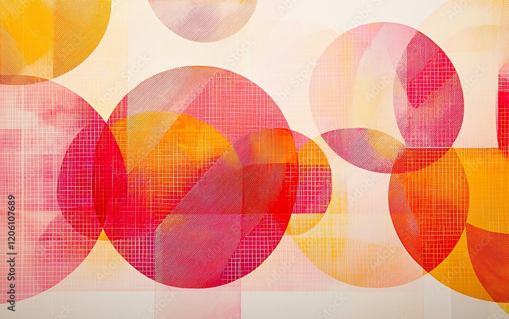 Poster abstract art with overlapping translucent circles in red and orange hues on a beige background.