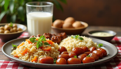 A vibrant collection of Ramadan dishes including rice, stuffed vegetables, and sweet dates, beautifully presented for a festive family gathering.