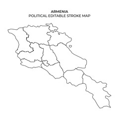 A detailed outline of Armenias political divisions is displayed. The map highlights various regions and borders without color, showcasing a clear design for editing and analysis.