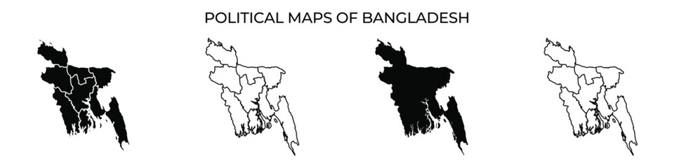 Maps of Bangladesh display different regions using varying shades of black. Each map highlights administrative divisions, showing their geographical boundaries clearly.
