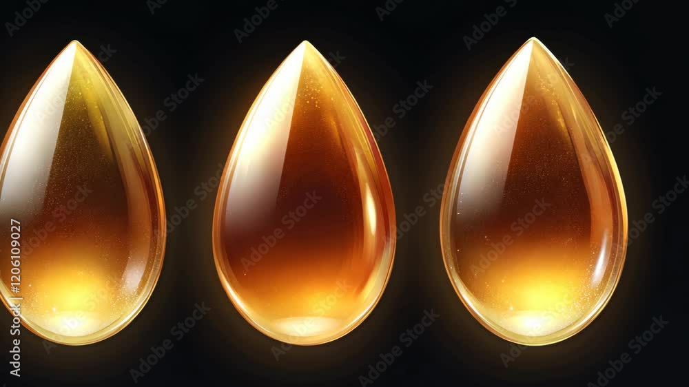 Poster shimmering amber droplets arranged in a captivating display against a dark background