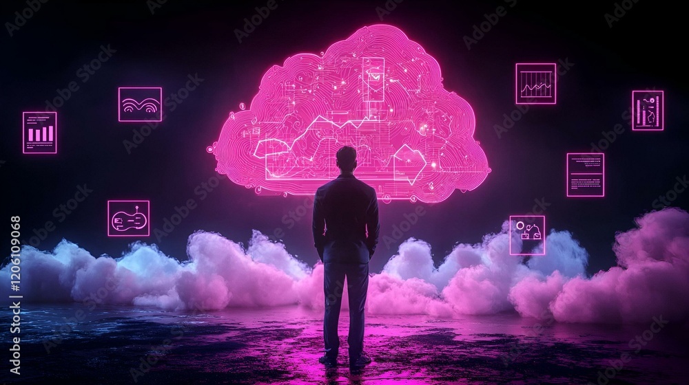 Poster digital evolution, a striking visualization of technological advancement, showcasing vibrant colors 