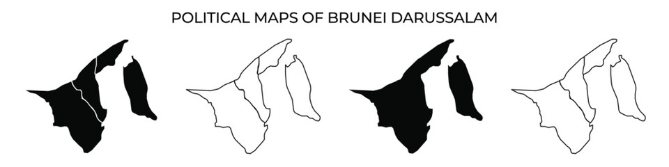 Maps display the political boundaries of Brunei Darussalam, showcasing its unique shape and division. The black and white contrast enhances visibility of geographical features.