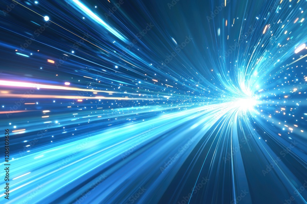 Poster dynamic blue streaks of light converging in an abstract representation of speed and data flow