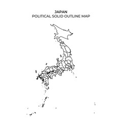 This solid outline map of Japan highlights political divisions and key regions, providing a clear representation of the countrys geographical layout for educational and reference purposes.