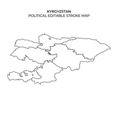 Displaying the political outline of Kyrgyzstan, this editable stroke map highlights the countrys borders and can be utilized for various geographic projects and presentations.
