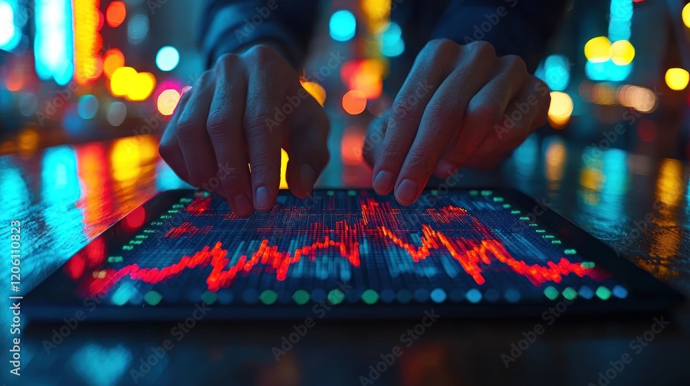 Poster dynamic data visualization on tablet at night in urban setting