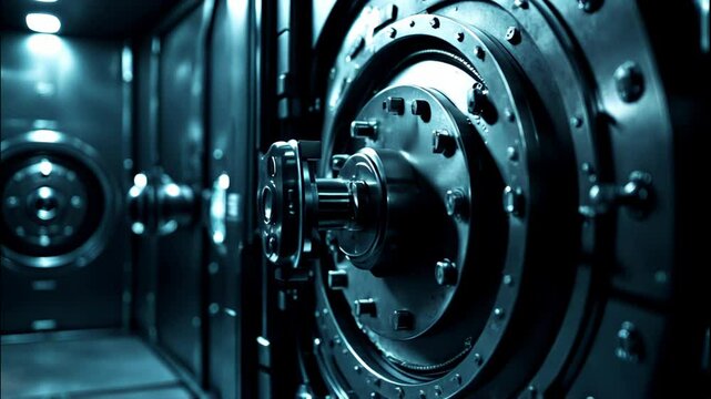 Bank Vault Door Close-Up with Circular Lock Mechanism in Dramatic Blue Lighting - Financial Security Concept Video