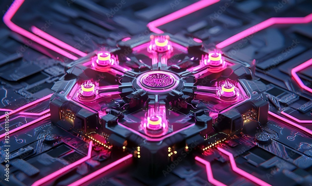 Poster isometric data hub visualization, a complex layout showcasing interconnected nodes and vibrant data 