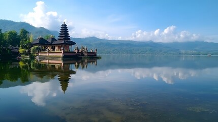Ulun Danu Temple Reflecting in Calm Lake Water
