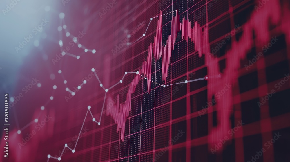 Poster dynamic financial data visualization: abstract red and dark graph representing market volatility