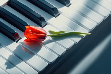 Single red tulip resting on a piano keyboard, blending music and nature in an artistic composition
