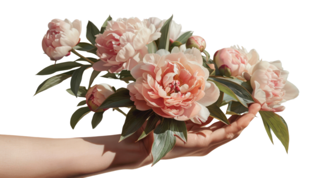 
Peonies on hand on transparent background 