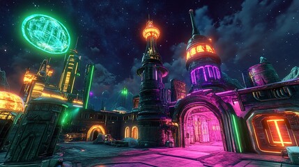 Neon-Lit Alien Cityscape at Night