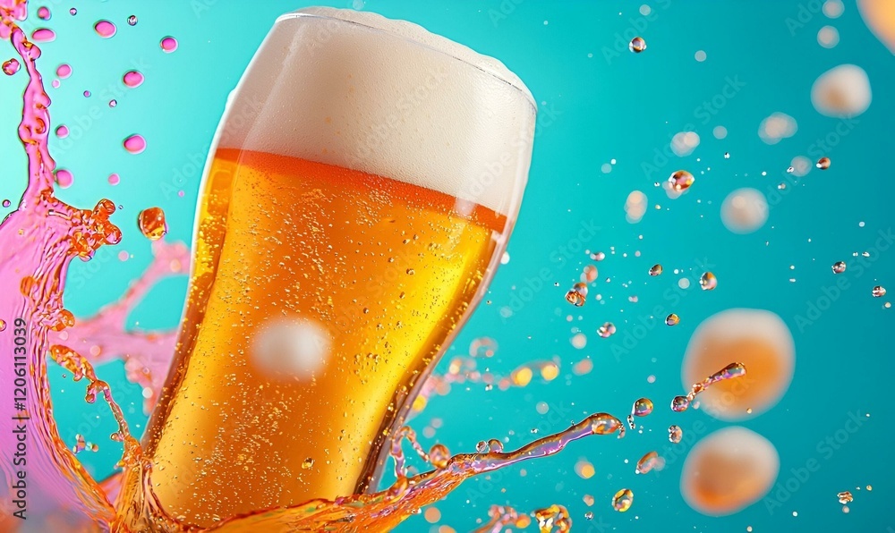 Poster vibrant beer splash against a colorful gradient backdrop, capturing dynamic movement and energy in a